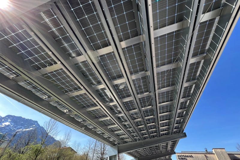 Underside of a commercial solar carport installation